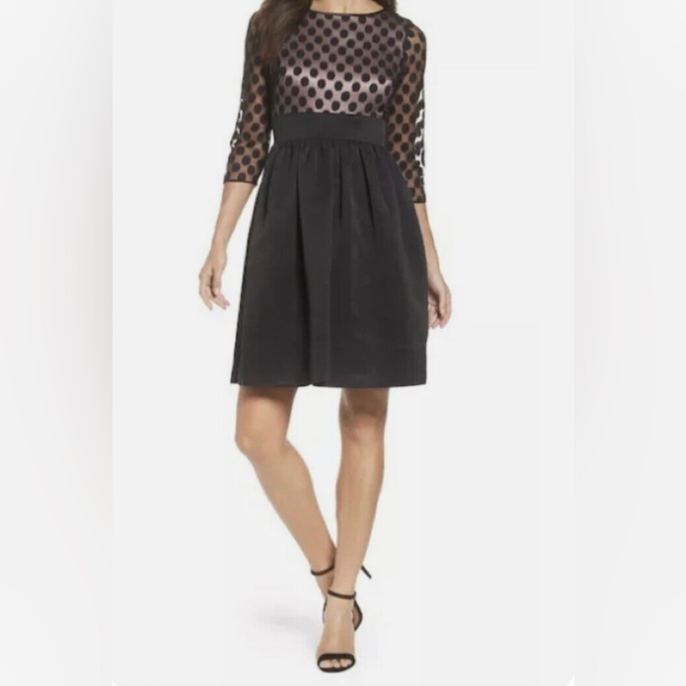 Eliza J Dot Mesh Bodice Fit & Flare Dress Black Women's Size 8